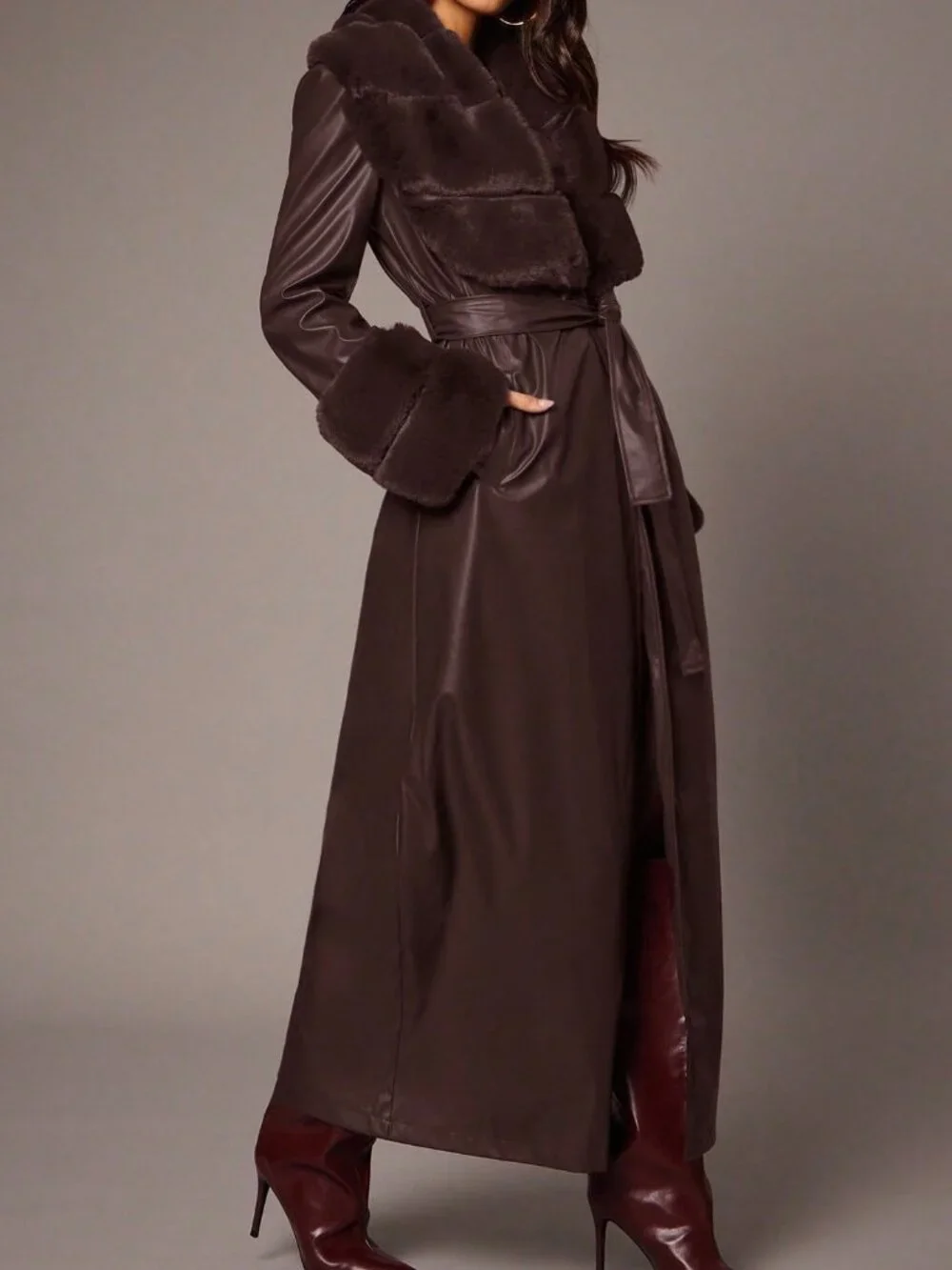Coffee Brown Casual Women's Faux Fur Collar Long Sleeve Jacket